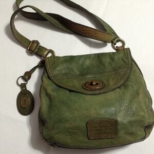 Fossil Long Live Vintage Green Leather Crossbody Bag Turnlock Messenger Boho